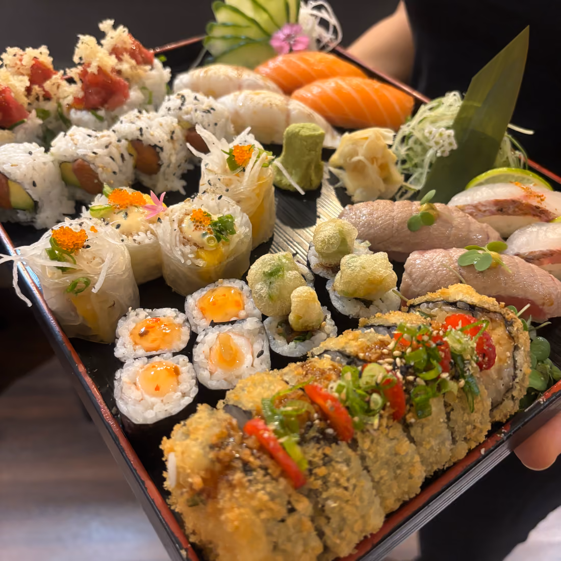 A Sushi Moriawase sharing platter of nigiri, maki and crisp-topped rolls at Hito