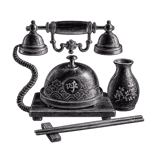 Vintage Japanese telephone, sake flask and chopsticks in a chalk illustration - call Hito for sushi delivery in Las Palmas