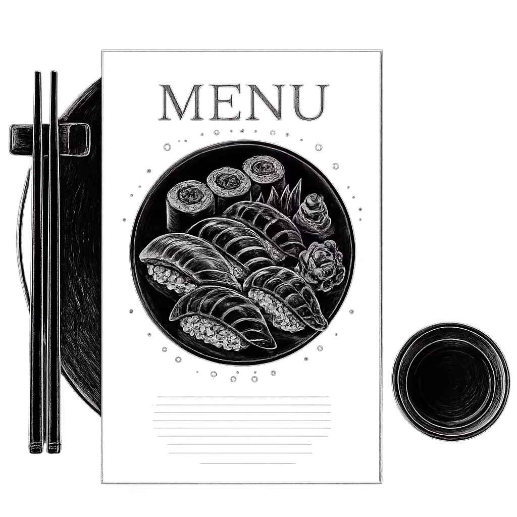 Chalkboard-style illustration of a Hito sushi and sashimi menu with nigiri, maki and chopsticks